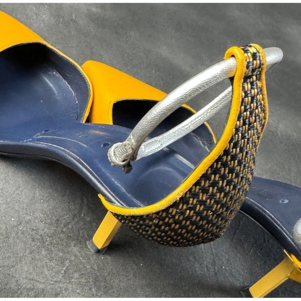 Vionnet Heels Yellow Leather Woven Raffia Pointed Toe Silver Pumps 37 US 6.5 - Picture 10 of 11